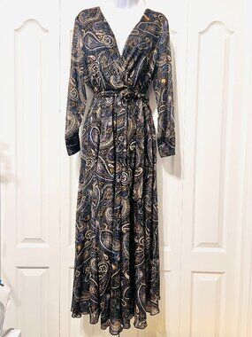 Alexa B-Women's Long Sleeve Belted Long Paisley Maxi Dress-X Small-Gold Metallic